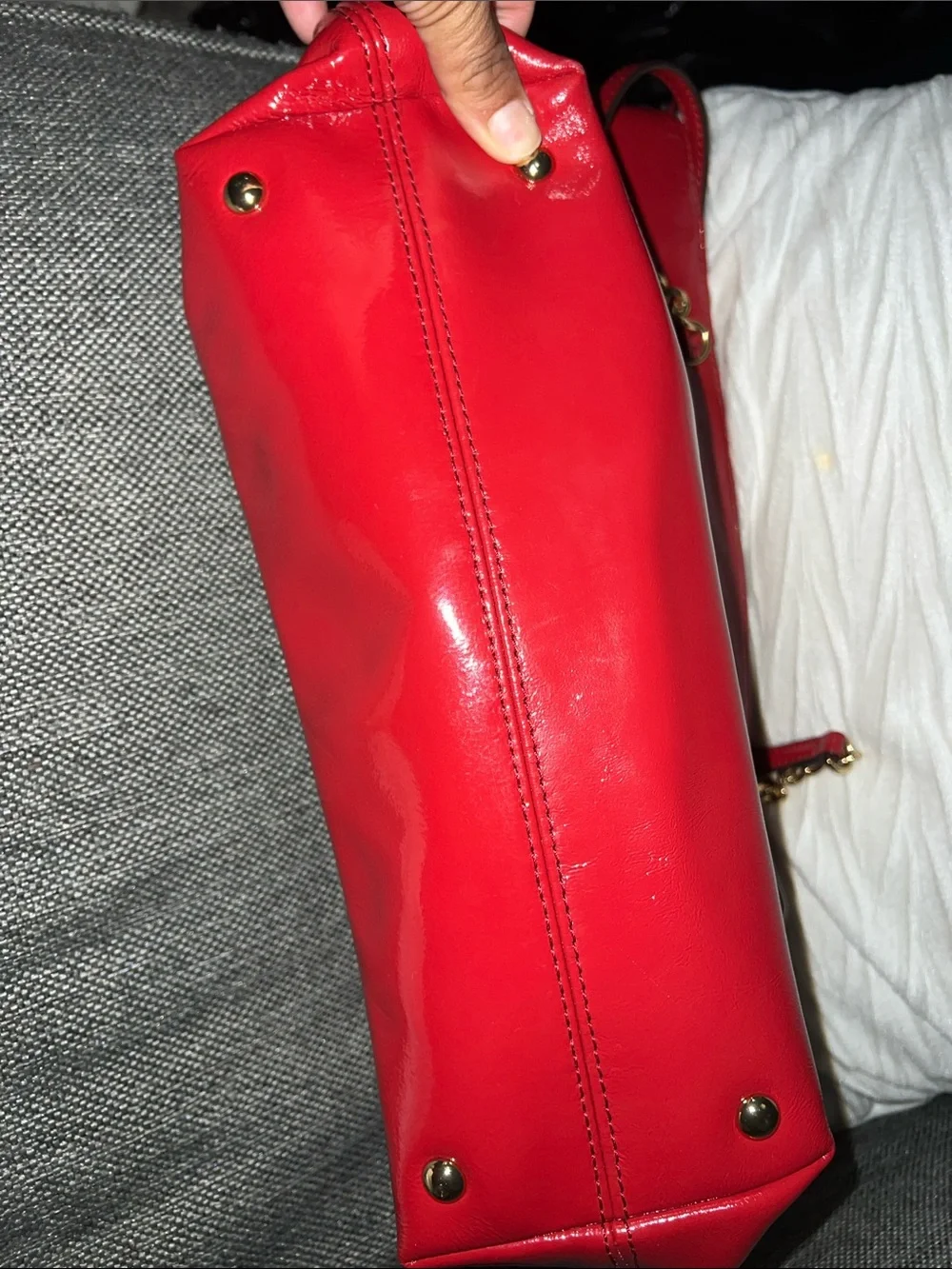 Michael Kors Shiny Red Patent Leather Shoulder Bag with Gold Chain Accents